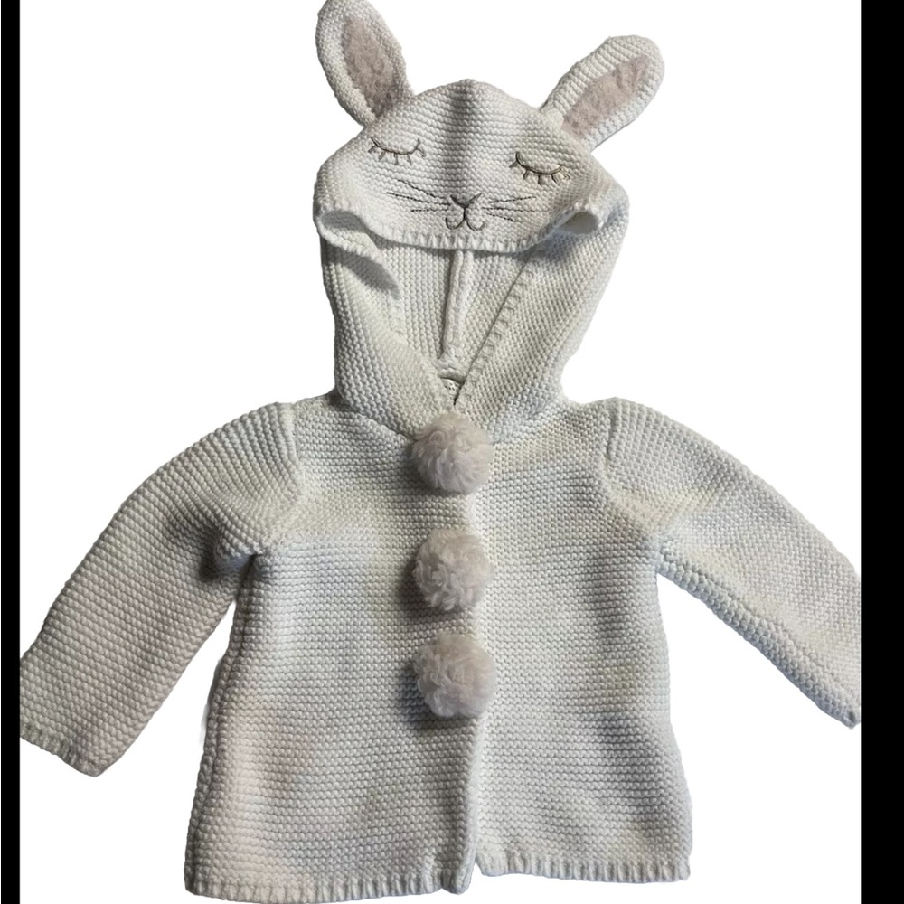 Max studio baby bunny cardigan sweater with Pom poms white amd pink 3-6 months